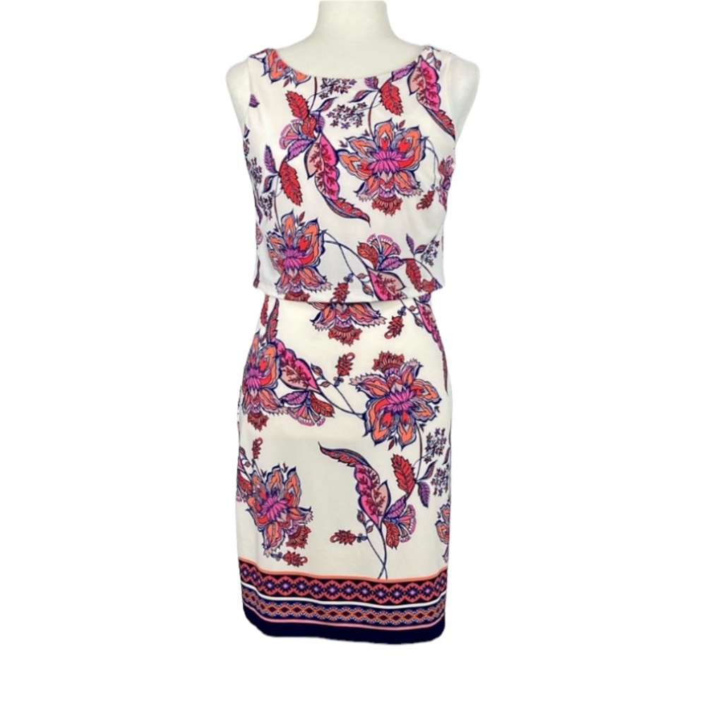 Vince Camuto Womens Sleeveless Floral Tiered Sheath Dress White Pink size 2